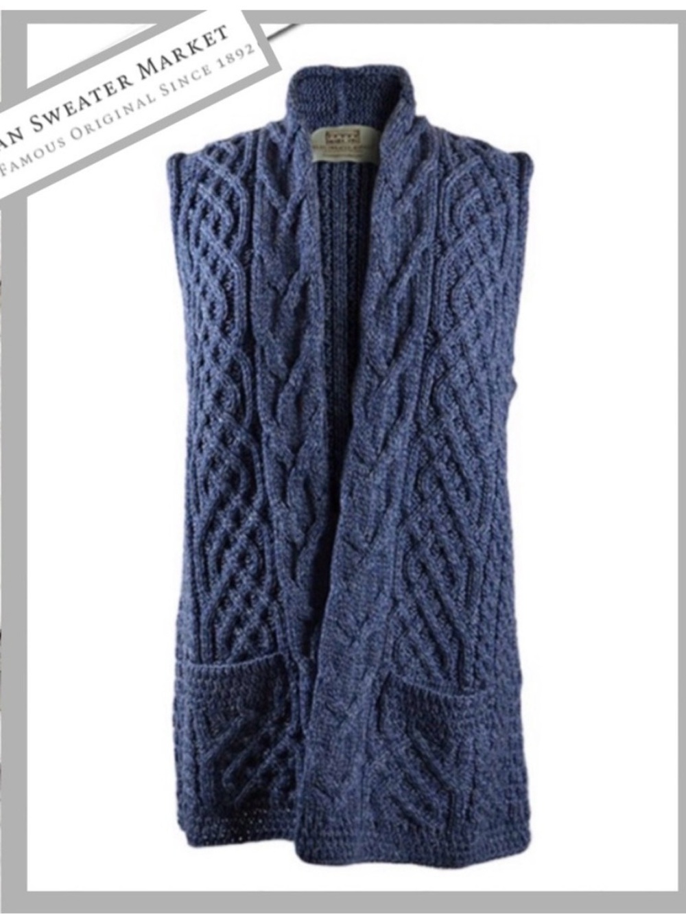 Aran Sweater Market cable vest, Merino Wool, blue, Women’s XL made in Ireland